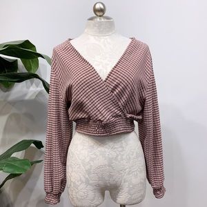H&M Pink and Black Plaid Cropped Wrap Top